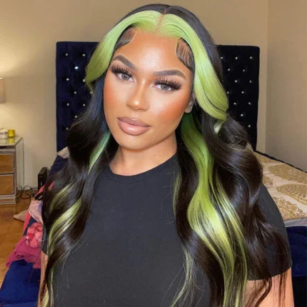 [Green] Skunk Stripe Hair Body Wave Hair Lace Front Wigs Green Pink Color Stripe Hair Wigs