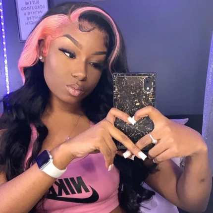 Hot Pink Skunk Stripe Hair Wigs Black Girl Body Wave Human Hair Lace Wigs For Women